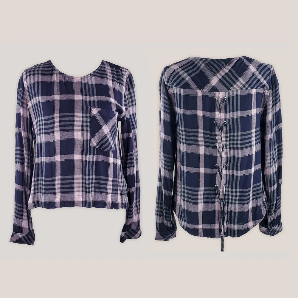 NWOT Cloth & Stone Tie Up Back Plaid Shirt Long Sleeve with Pocket Size S